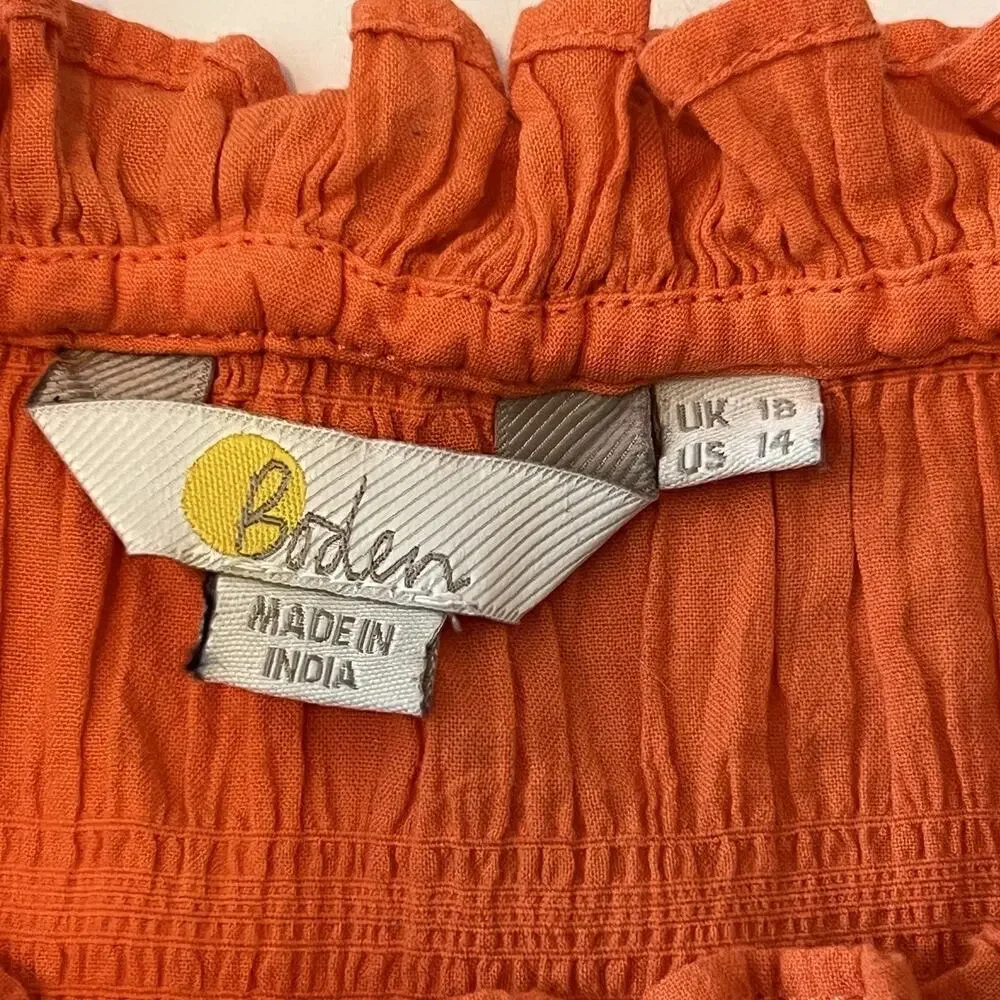 Boden Orange Crinkle Crepe Ruffle Top Women’s US 14 Puff Sleeve Stretch